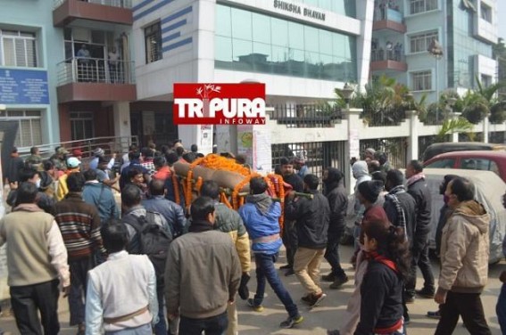 Protest hits Capital City Agartala on 50th Day of JMC Protest after One more terminated Teacher died of Heart-Attack : Teachers gherao Education Dept Office as Resentment burst against Dept's Silence 